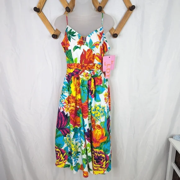 LDT Lillian Floral Cotton Poplin Belted Midi Dress New With Tags - Size 6 - Picture 3 of 9